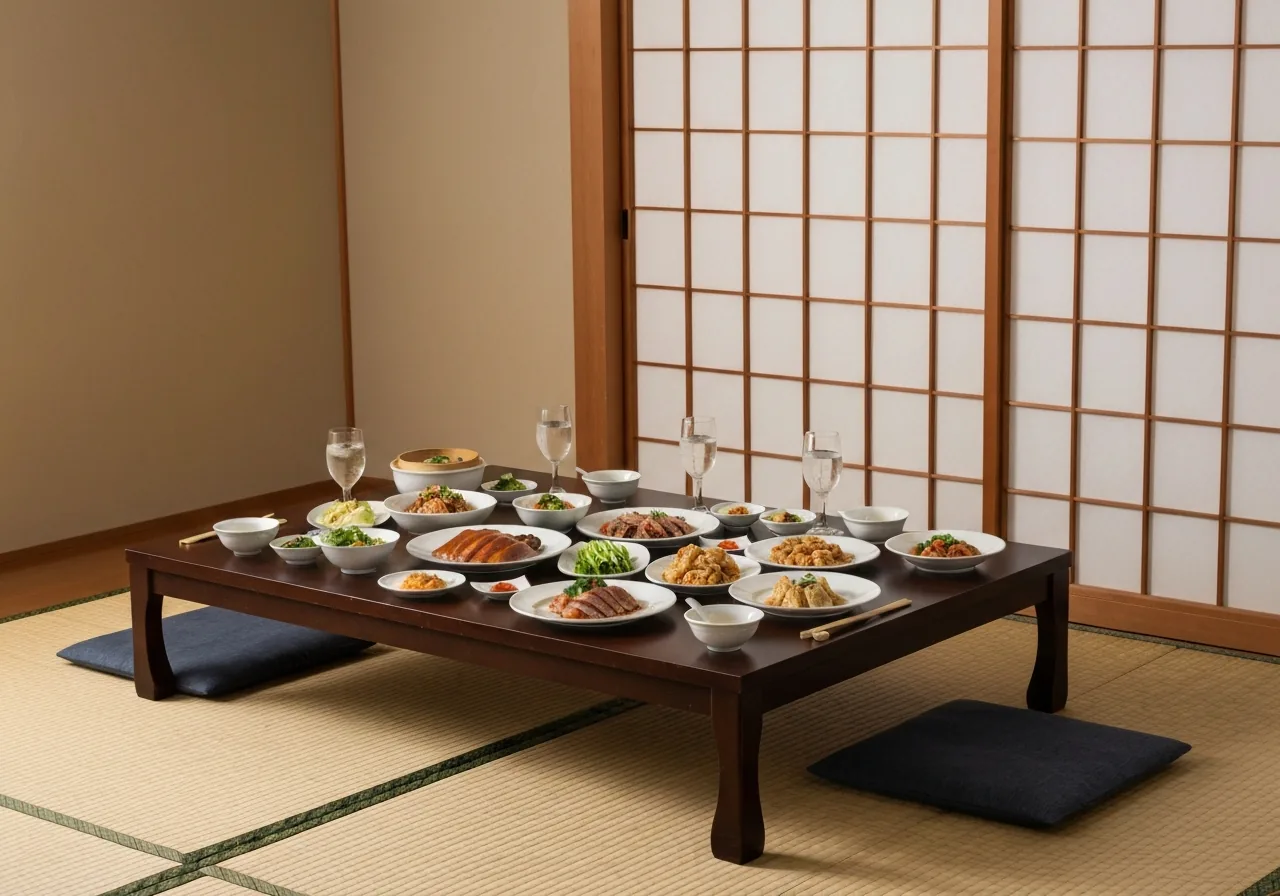座敷の座卓に中華の大皿料理と取り皿が並ぶ宴会準備のイメージ