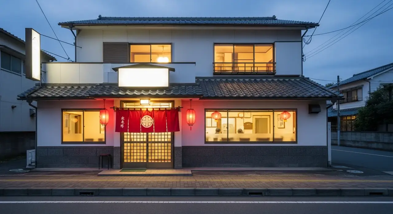 夕暮れに赤い暖簾と提灯が灯る、とん珍の店舗外観イメージ