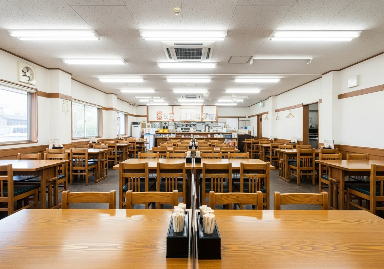 明るい照明のもと木目のテーブルと椅子が並ぶ店内のイメージ
