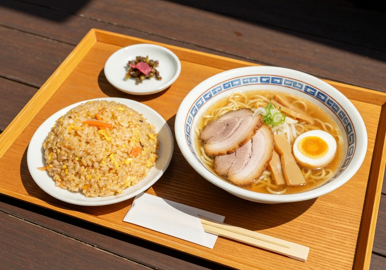 ラーメンと半チャーハン、漬物が乗ったランチセットのイメージ