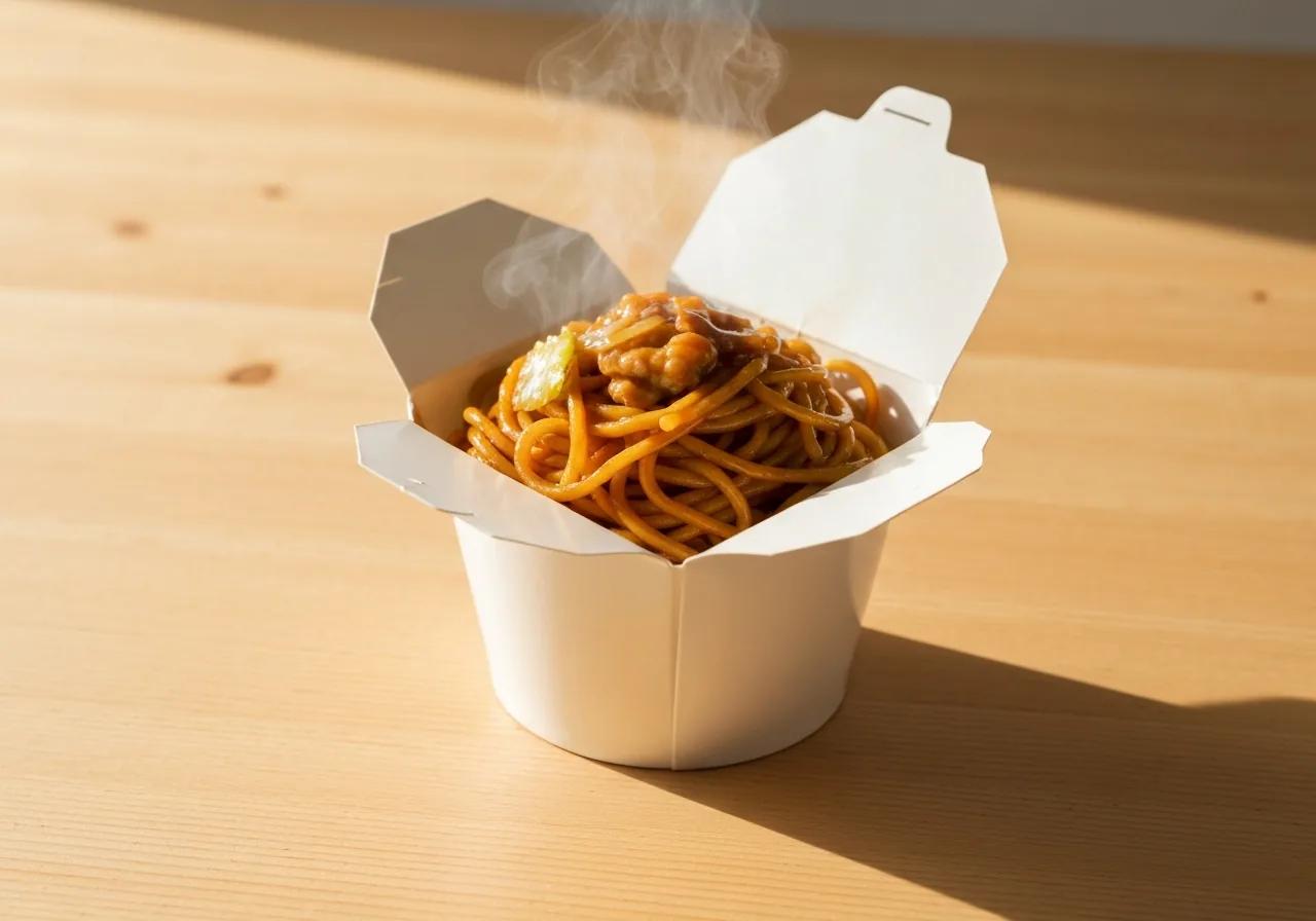 持ち帰り容器に入ったソース焼きそばのイメージ