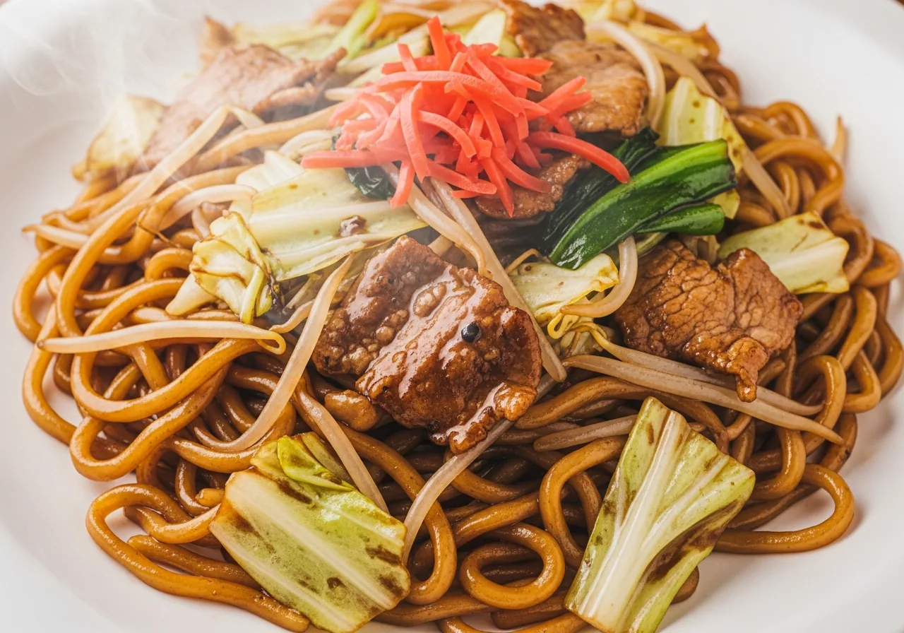 濃いソースが絡んだ太麺に豚肉とキャベツ、紅生姜を乗せたソース焼きそばのイメージ